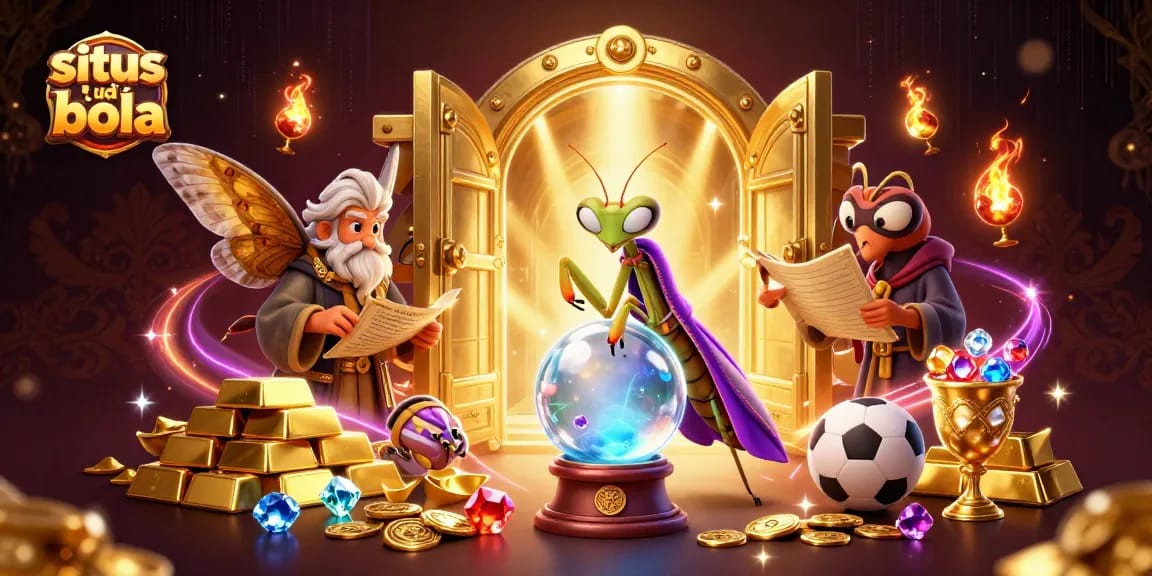 Engage with situs judi bola through a vibrant fortune teller scene filled with treasures and sports elements.