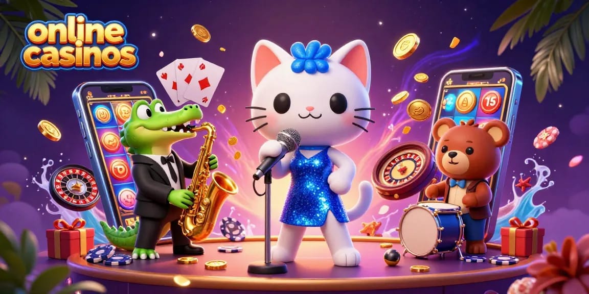 Engage with vibrant scenes at online casinos featuring cartoon characters and gaming elements.