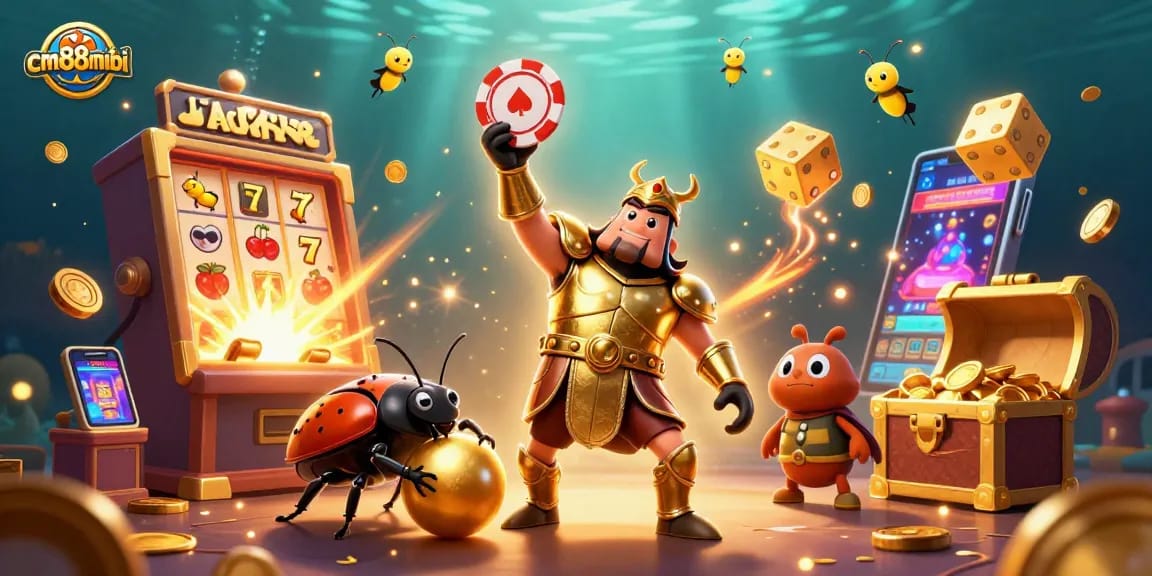 Experience the thrill of cm88mobi with a lively 3D illustration featuring a victorious beetle lifting a poker chip amidst vibrant casino dynamics.