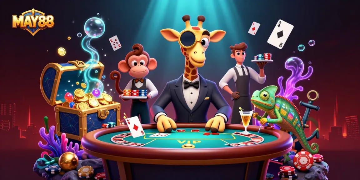 MAY88 presents an exciting 3D scene with a high-roller giraffe, poker table, and gaming elements for ultimate casino fun.