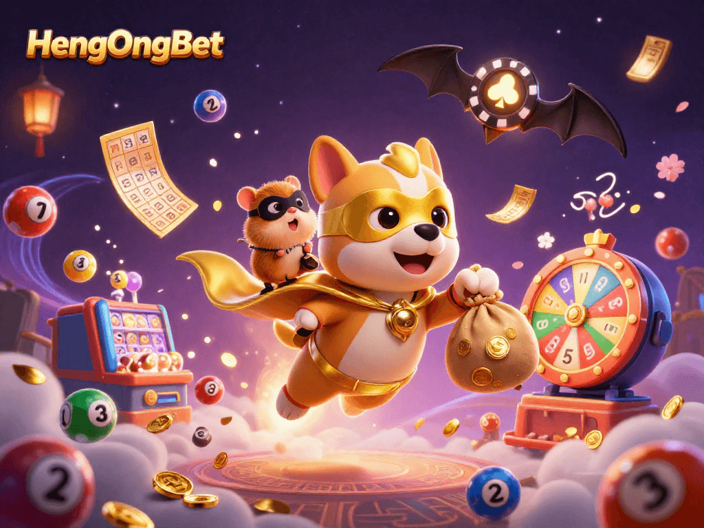 Engage with exciting games and winnings at HengOngBet, featuring a dynamic casino-themed illustration.