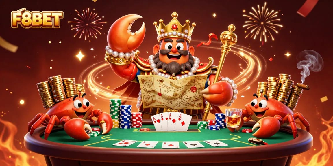 Experience the thrill of F8BET with a vibrant scene featuring a golden crab emperor amidst poker action.