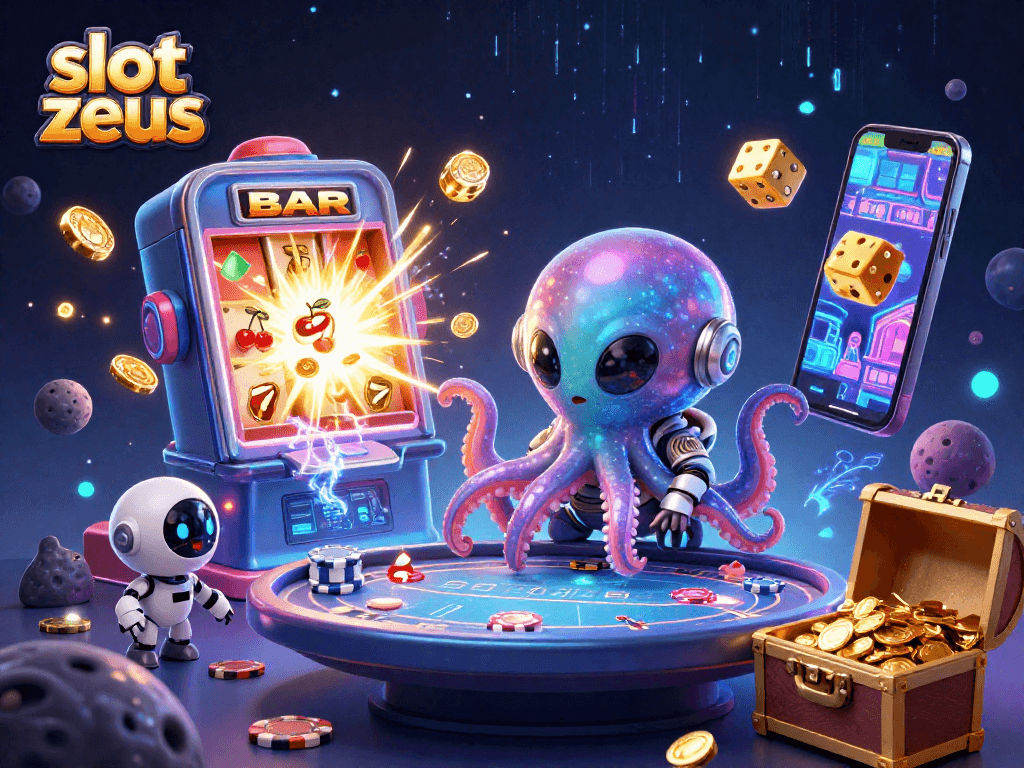 Experience thrilling gameplay with slot zeus, surrounded by a vibrant jackpot scene filled with 3D characters and casino elements.