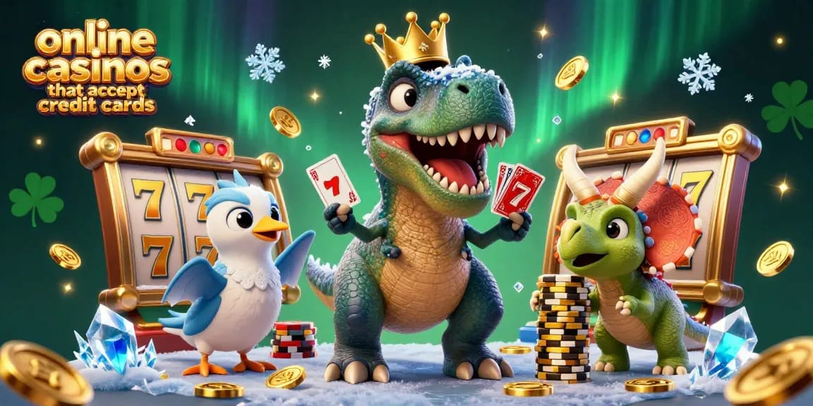 Experience the thrill of online casinos that accept credit cards with this vibrant illustration of a playful T-Rex and friends.