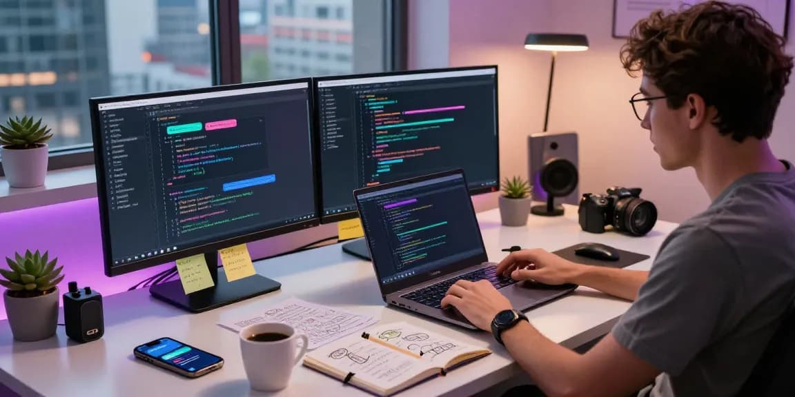 Developer engaging with Kobold AI software in a modern workspace with dual screens and vibrant coding elements.