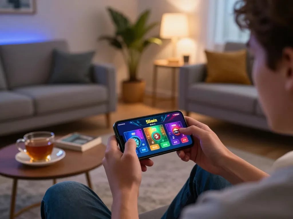 Engaging gameplay experience with 56win casino app on smartphone in cozy living room setting