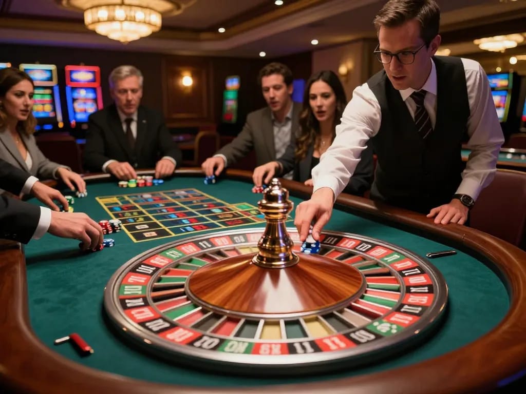 SpinAdvisor users experience real-time roulette action with eager players and vivid chips at a luxurious casino table.
