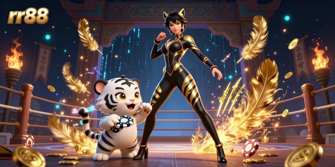 Engage in thrilling gameplay at rr88 with a stunning 3D woman and baby tiger in a vibrant casino scene.