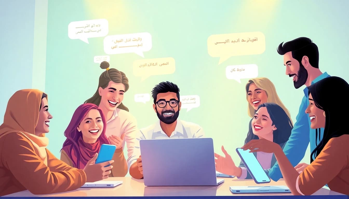 مشهد تفاعلي لشات دردشتي يعرض المستخدمين يتواصلون عبر الدردشة على أجهزة متعددة.