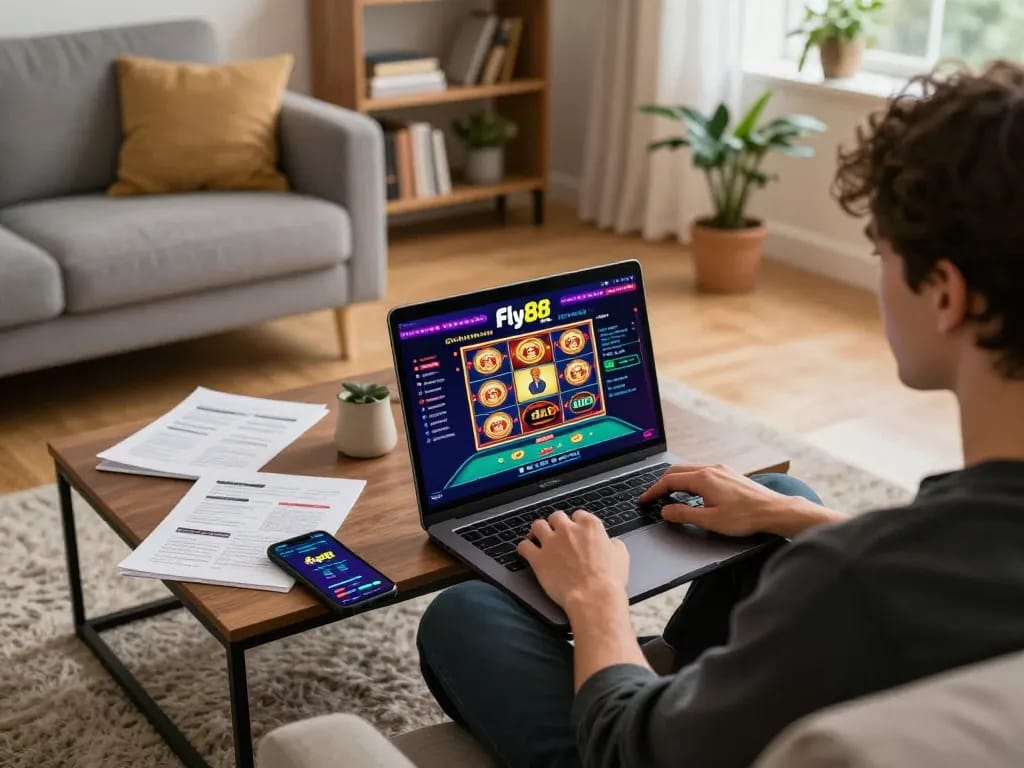 Engaging in online gaming at home with fly88 app on a laptop, showcasing a responsible gambling atmosphere.