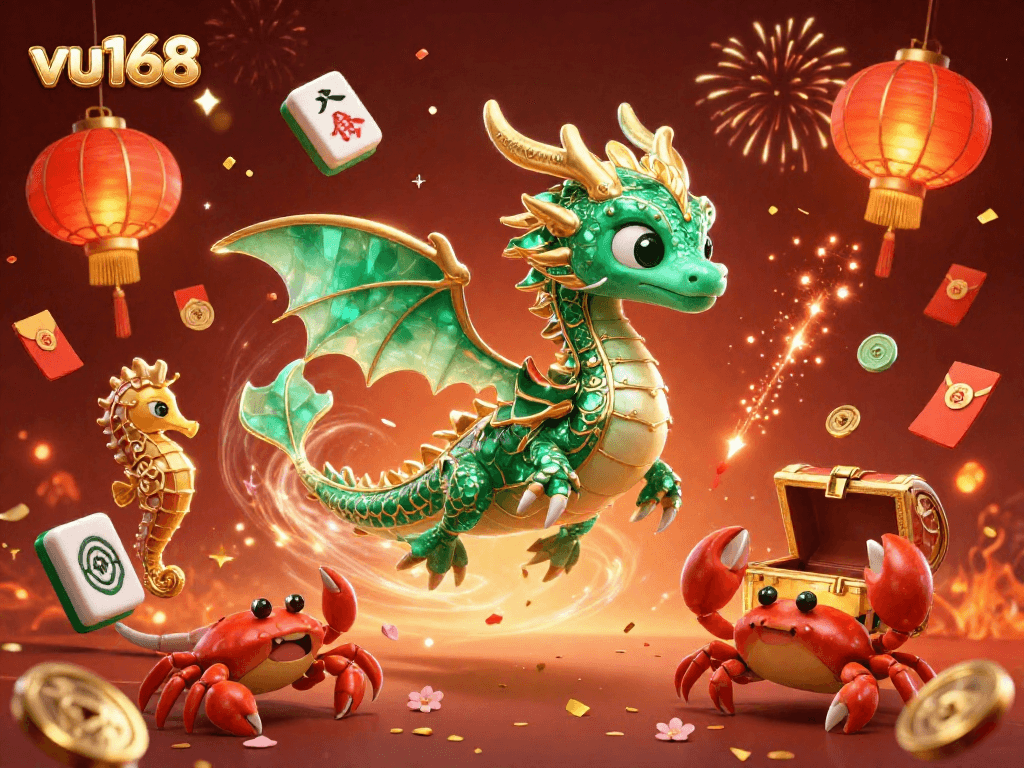 Experience the thrilling world of vu168 with a vibrant scene featuring a sea dragon, crabs, and lucky symbols.