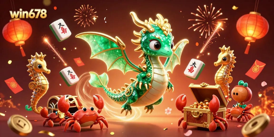 Experience the excitement of win678 with captivating 3D dragon illustrations in a vibrant casino setting.
