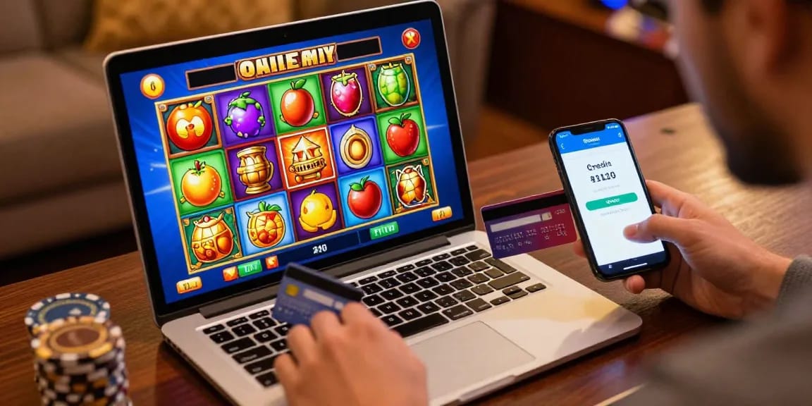 Player enjoying credit card casinos on a laptop, surrounded by vibrant slot game visuals.