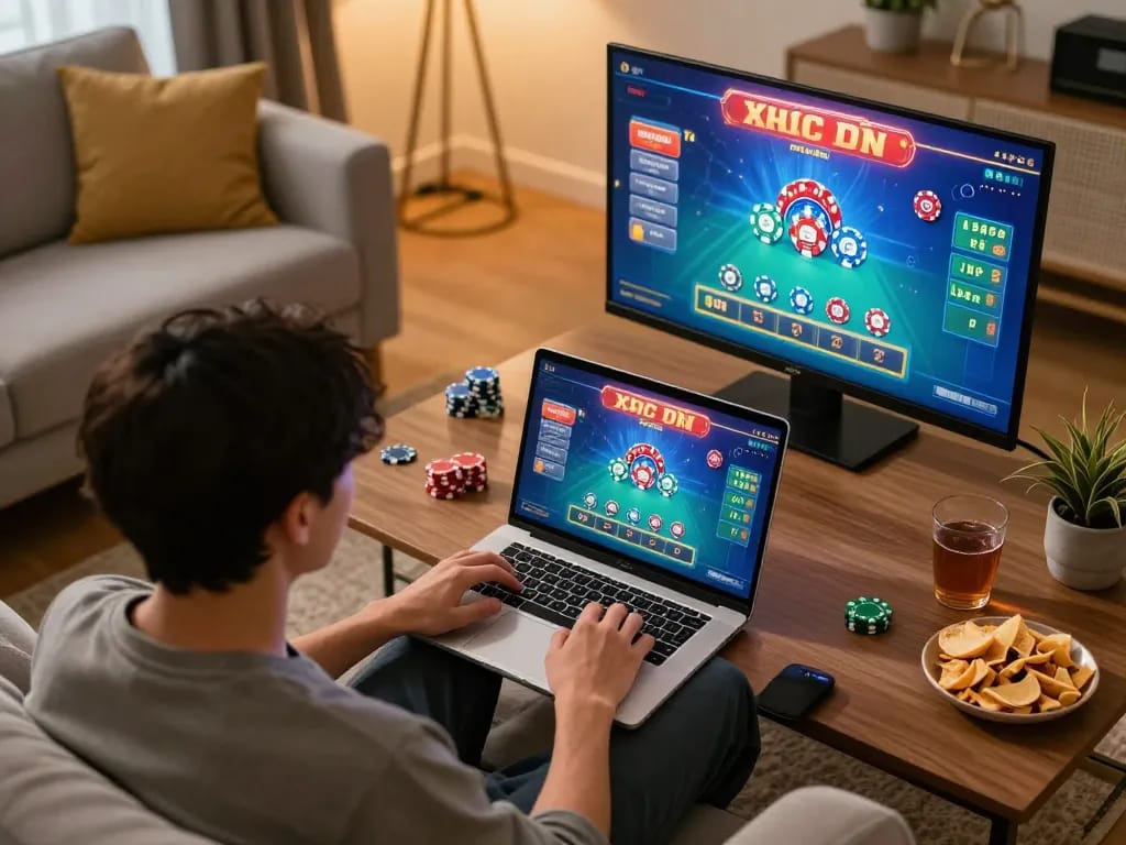 xóc đĩa online gameplay in a cozy home setting, showcasing immersive gaming experience.