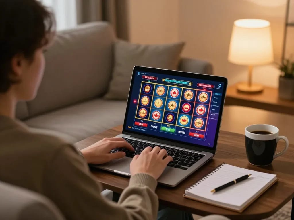 Engaging in online casinos in Canada with vibrant slots on the laptop at home.