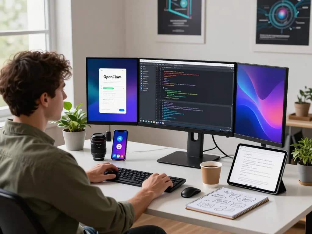 openclaw workspace with dual monitors, developer coding and managing apps in a bright tech office