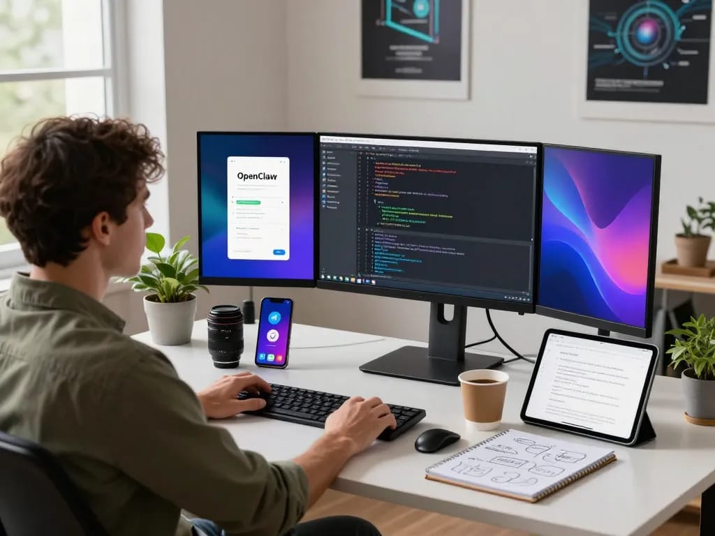 openclaw workspace with dual monitors, developer coding and managing apps in a bright tech office