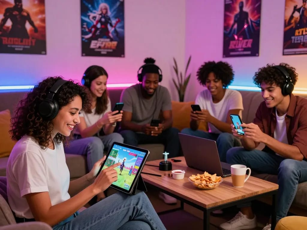 People enjoying a sex game on multiple devices in a cozy lounge setting, showcasing a vibrant gaming atmosphere.