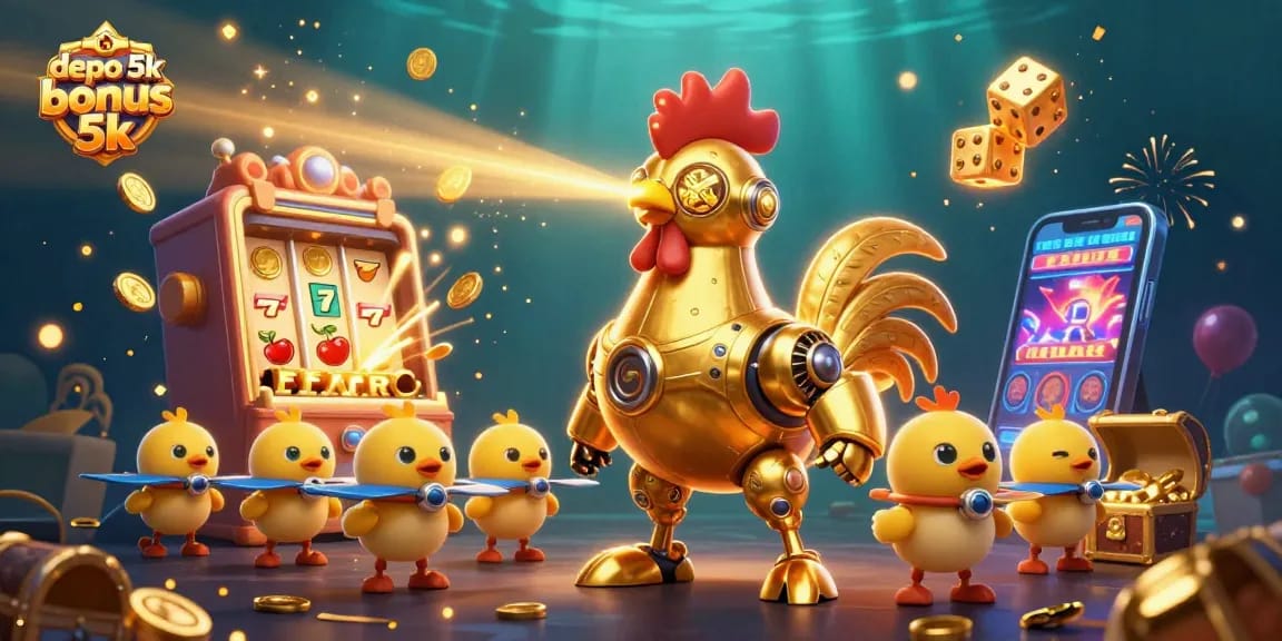 Join the fun with depo 5k bonus 5k as a robot challenges luck in a vibrant casino scene.