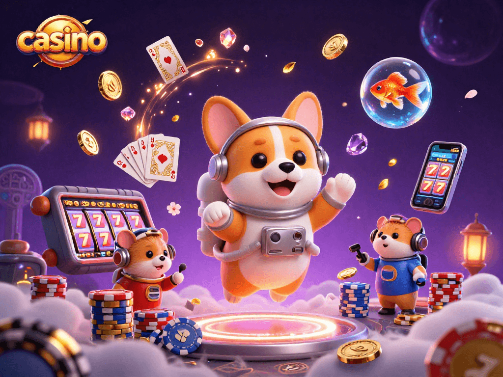 Experience thrilling gameplay at a casino featuring vibrant slot machines and playful characters.