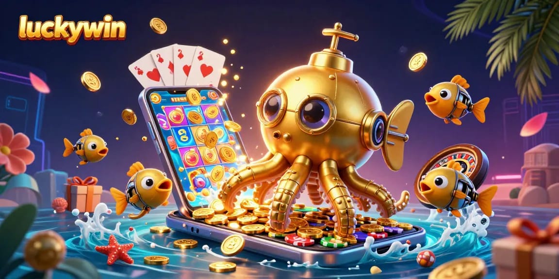 Spin and win at luckywin while enjoying a colorful slot game with golden coins erupting from the screen.