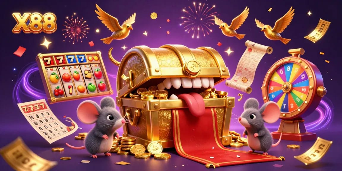 X88 players aim for jackpots and riches in this vibrant casino-themed illustration.