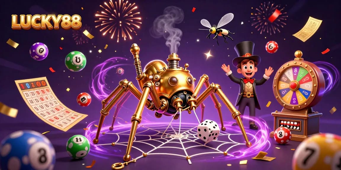 Experience the thrill of LUCKY88 with vibrant casino elements and captivating characters in this dynamic illustration.