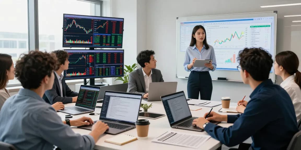 Situasi trading dinamis dengan kakakjudi dan trader di kantor modern menganalisa data prop trading.