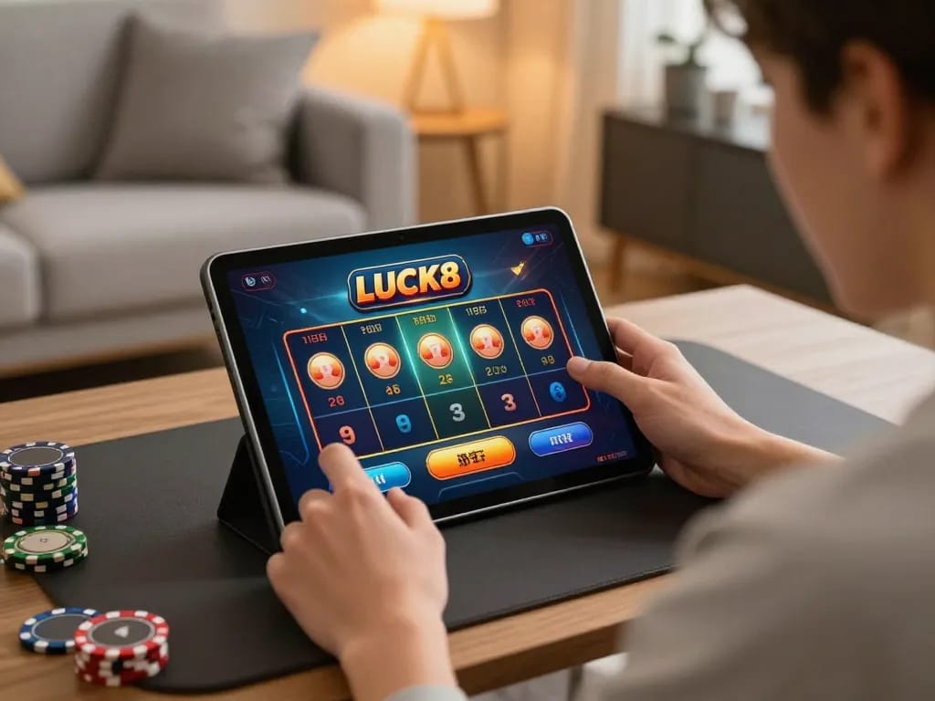 Gambling excitement with giới thiệu LUCK8 on tablet during home gaming session