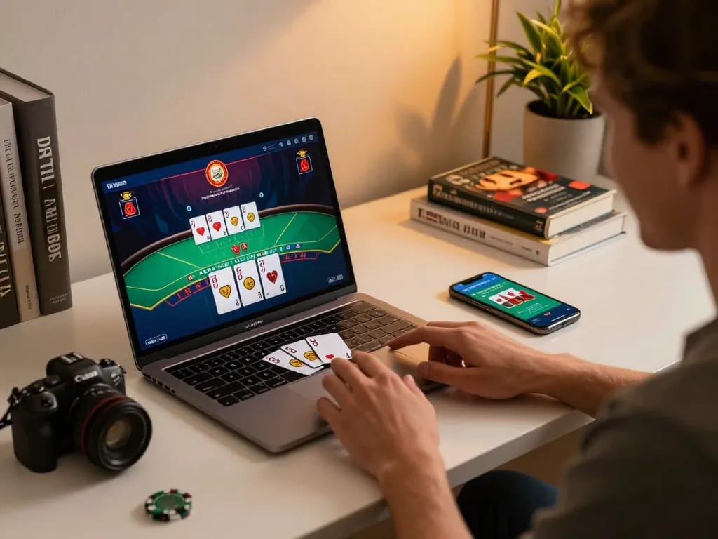 Engaging with 789club's live dealer blackjack game on a sleek laptop, celebrating a win.