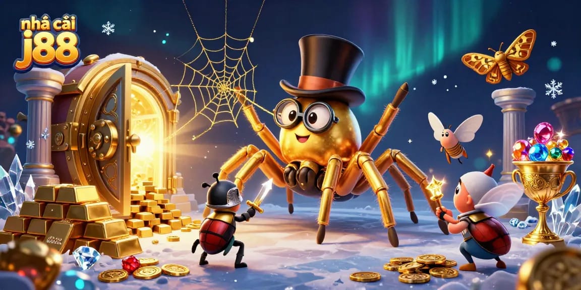 Join the thrill at nhà cái j88 with a grand casino scene featuring dynamic characters and dazzling treasures.