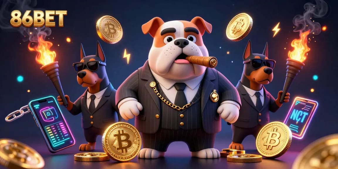 Engage with 86BET's vibrant crypto casino energy featuring a mafia bulldog and Dobermans.