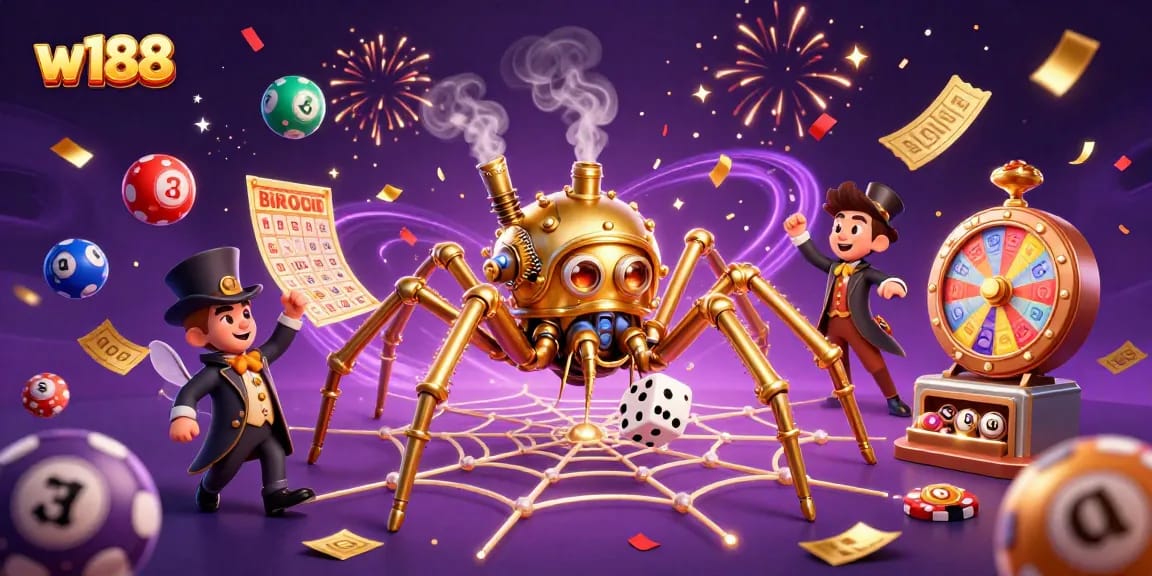 Catch exciting w188 wins with a steampunk spider and colorful lottery elements in a vibrant casino scene.