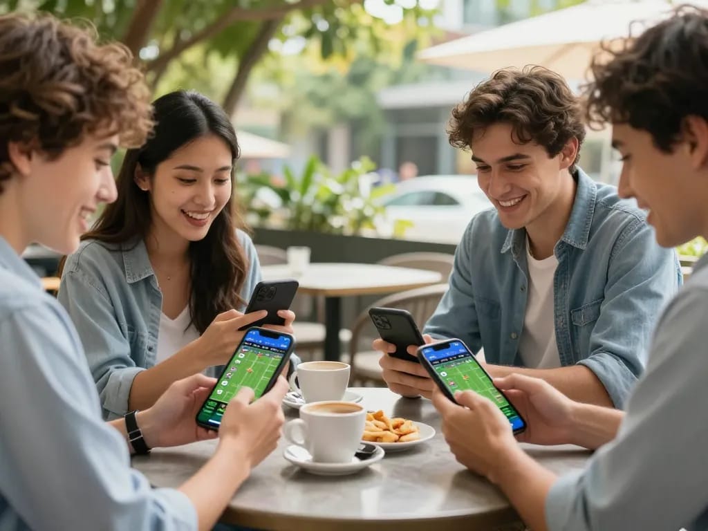 Teman-teman yang terlibat mendiskusikan strategi toto togel sambil menggunakan aplikasi taruhan olahraga di kafe luar ruangan