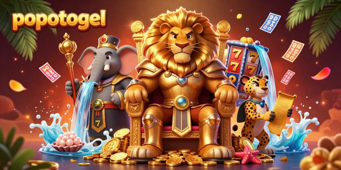 Engage with popotogel as the lion king oversees a vibrant casino scene with slot reels and decorations.