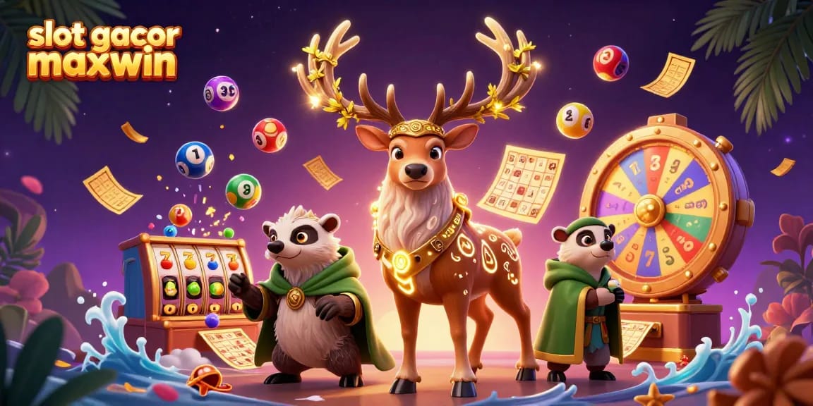 Engage with slot gacor maxwin through a vibrant 3D casino illustration showcasing dynamic slot elements and characters.