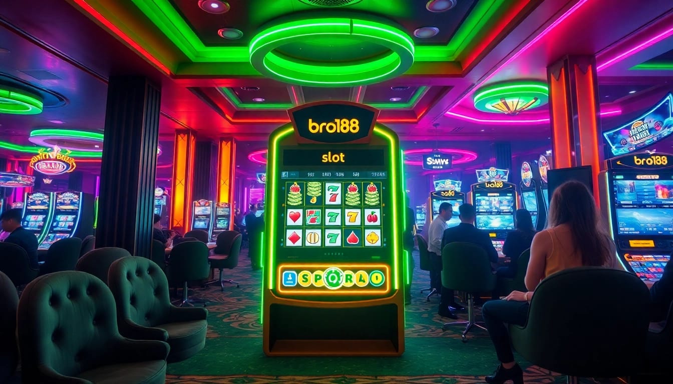 Players enjoying the bro138 slot machine experience in a vibrant casino setting.