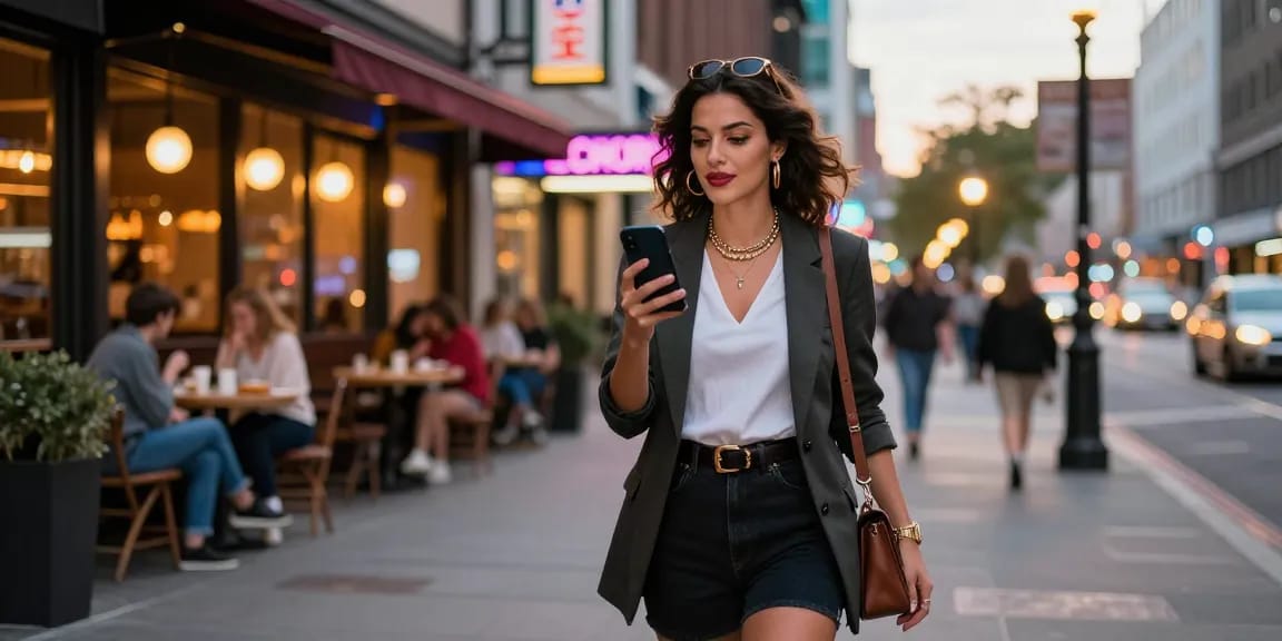 Gái gọi đi dạo trên phố với trang phục thời trang và điện thoại ở tay