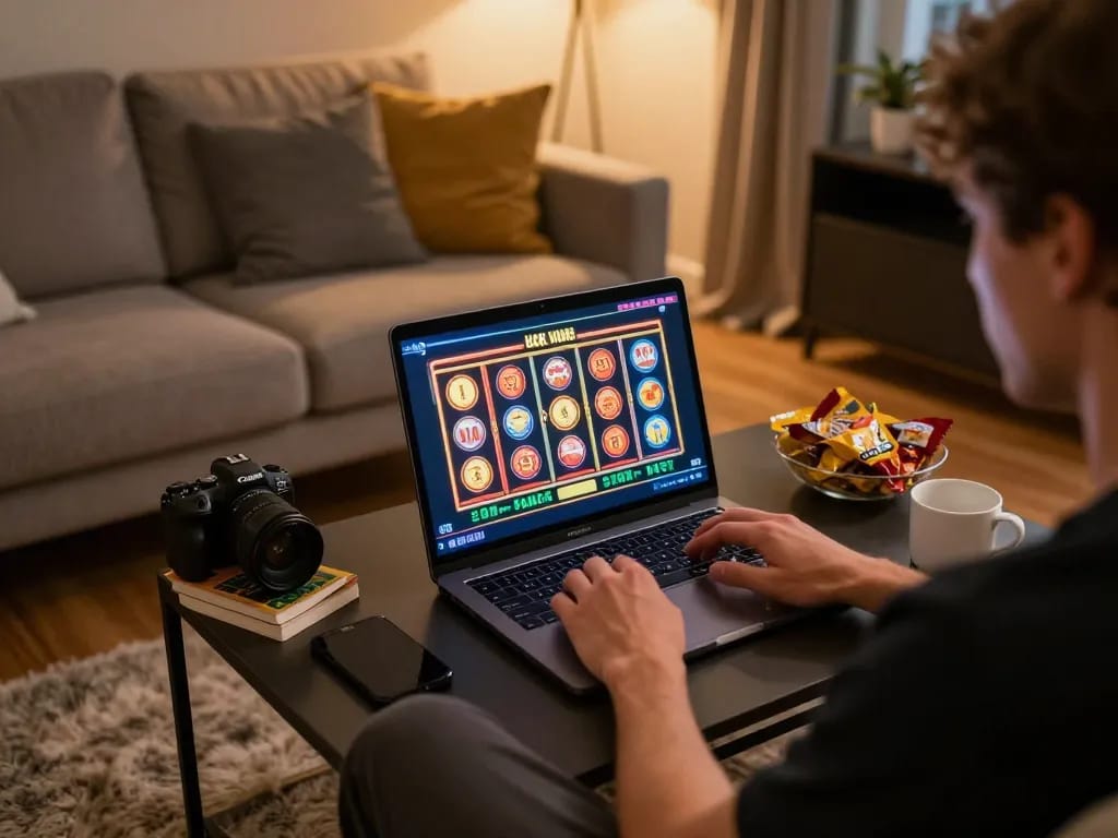 Player engaging in slots on FAFA828 website at home, showcasing online gaming experience