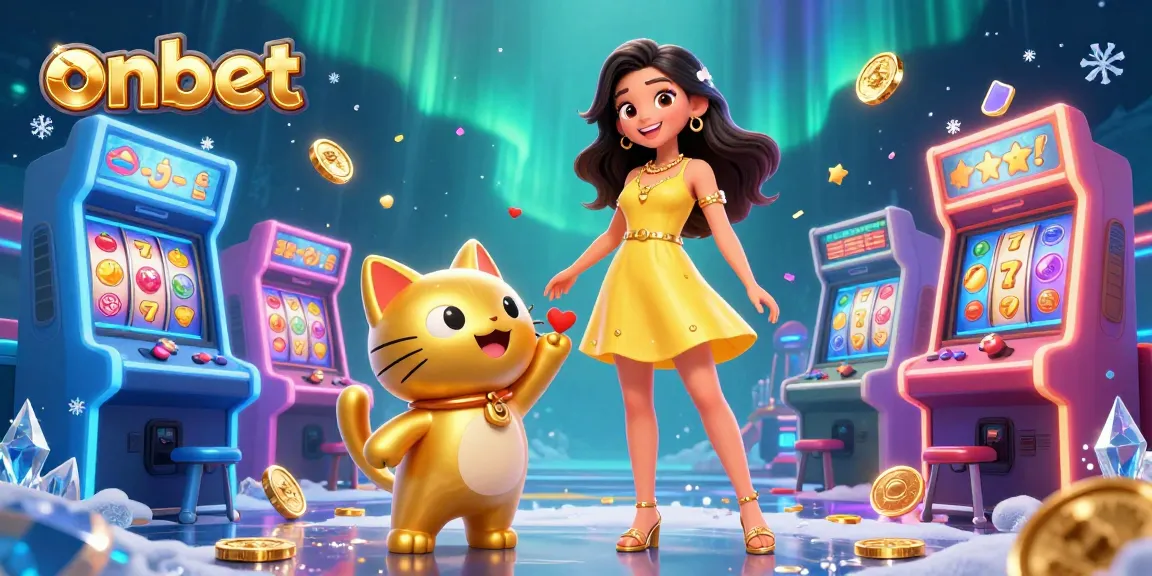 Experience the thrill of onbet with a cheerful woman and lucky cat amidst vibrant casino elements.