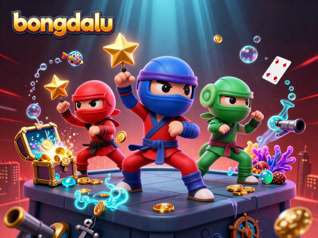 Bongdalu's vibrant casino scene featuring colorful chameleon ninjas amidst gold coins and playing cards.