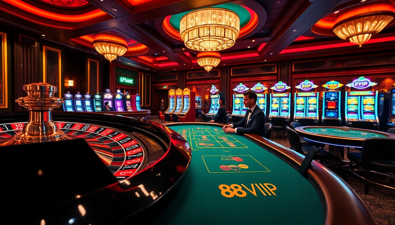 68VIP casino scene featuring players at a blackjack table and a roulette wheel, exuding excitement and luxury.