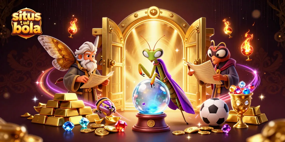 Engage with situs judi bola through a vibrant fortune teller scene filled with treasures and sports elements.