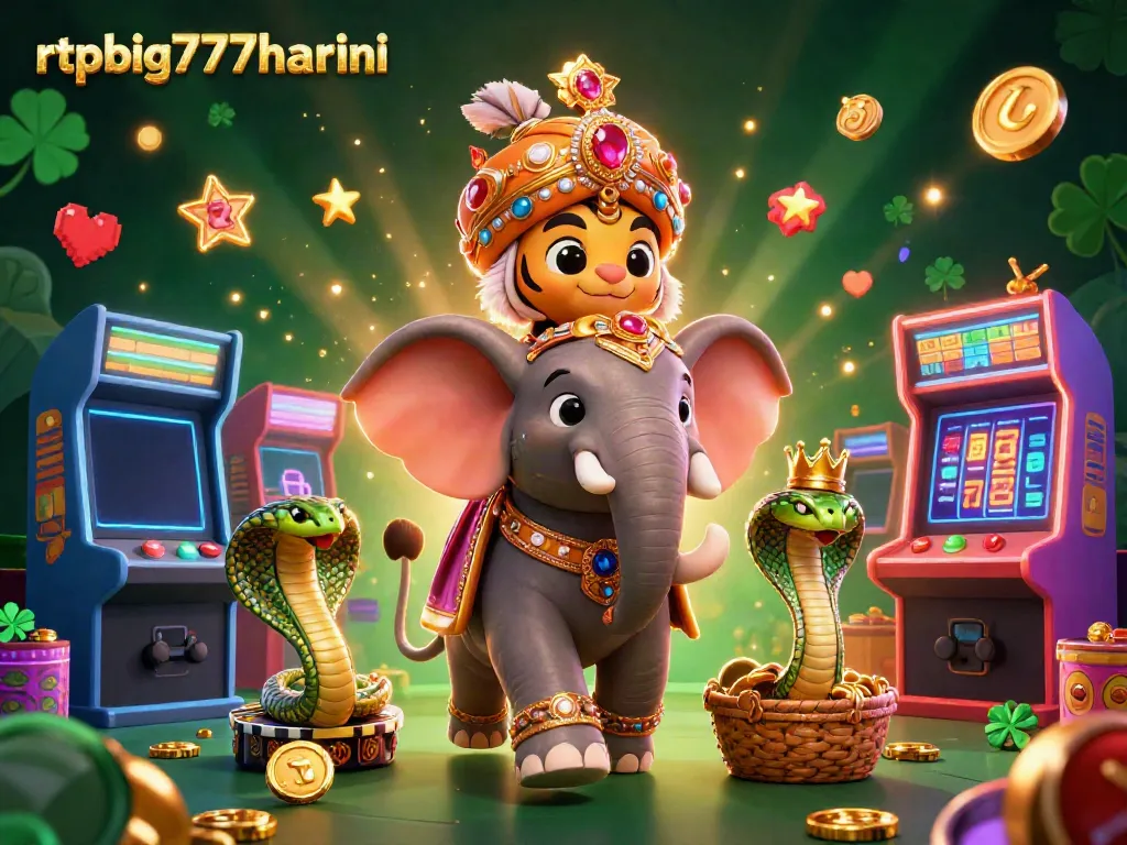 Win big with rtpbig777hariini featuring a maharaja tiger, an elephant, and glowing game elements.