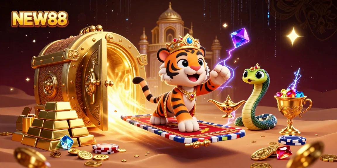 Winning big at NEW88 casino with vibrant treasures and engaging characters in a dazzling scene.