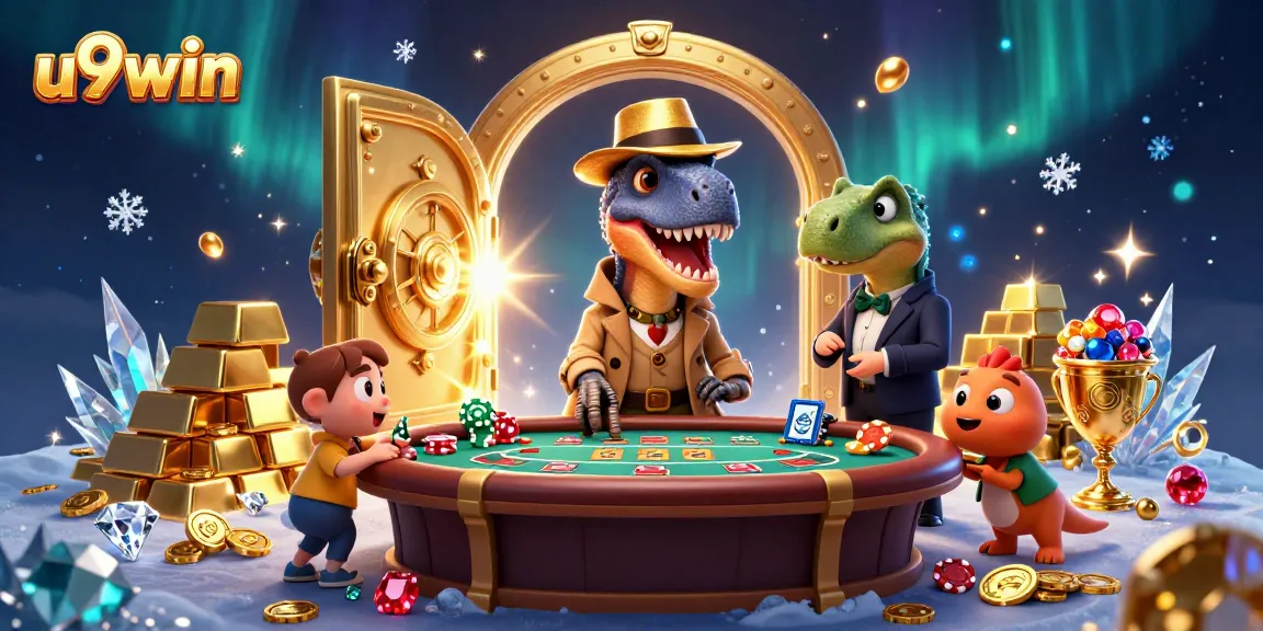 Watch the u9win velociraptor counter chips at the blackjack table in a vibrant casino scene.