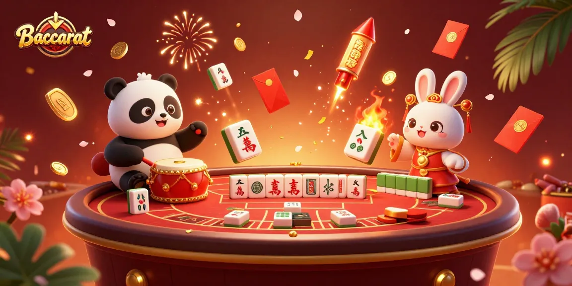 Baccarat game scene with animated characters enjoying lively action and festive decorations, showcasing casino excitement