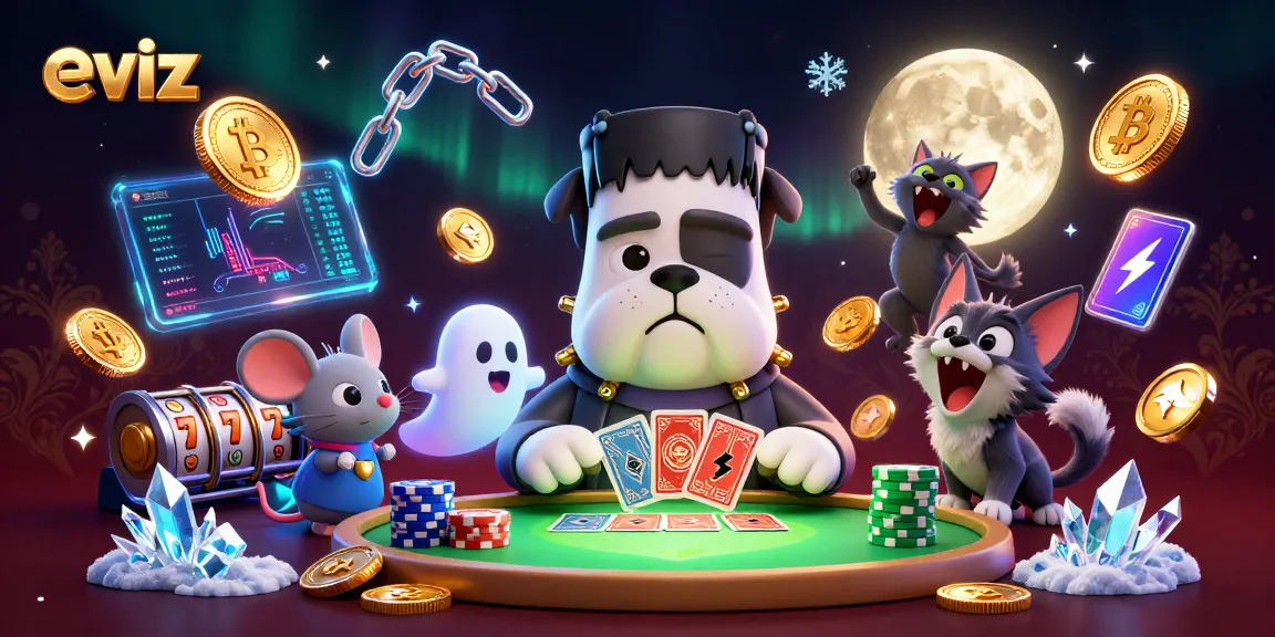 Engage with the vibrant eviz casino scene featuring a Frankenstein bulldog and playful ghost mouse in a thrilling card game.