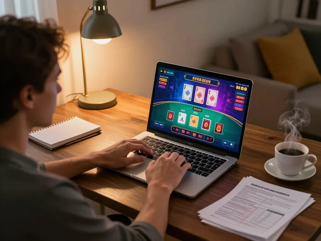 Engaged player enjoying an 88bet casino blackjack game on a laptop in a cozy home setting.