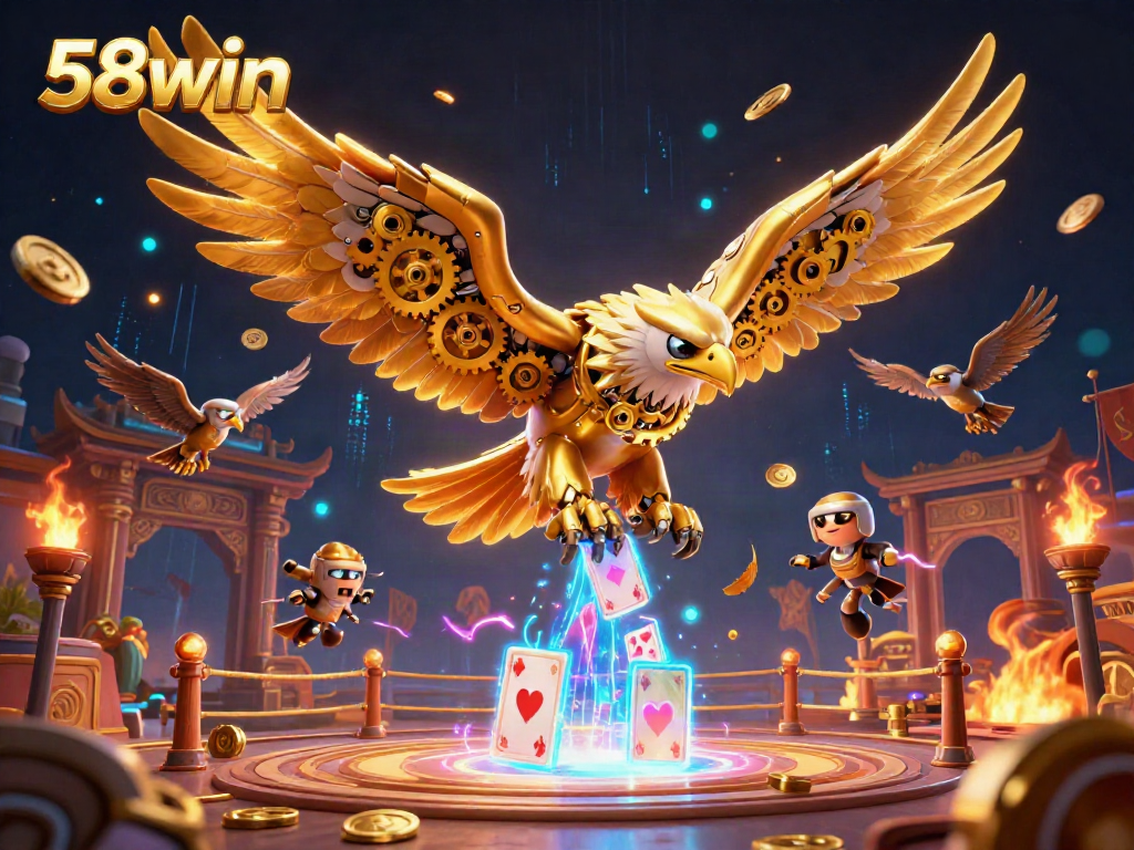 Experience the excitement of 58win with a stunning 3D illustration of a cybernetic eagle soaring through holographic cards.